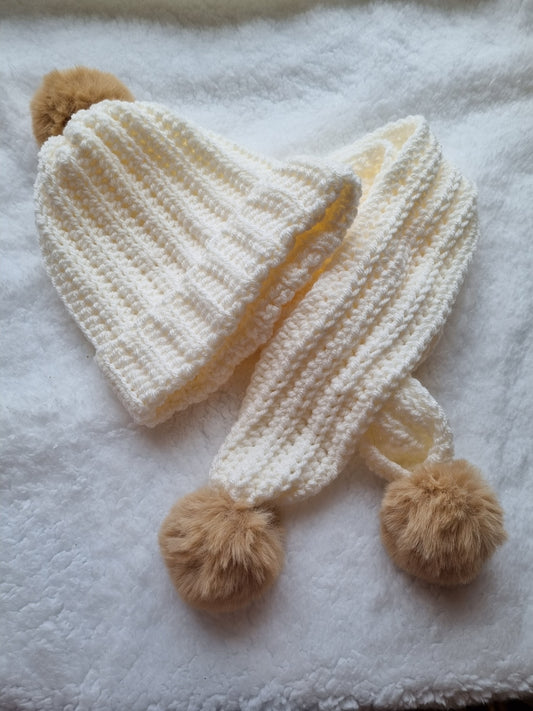 Cream pompom hat and scarf set