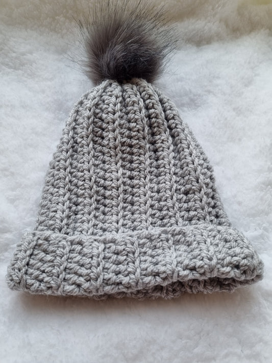 Light Grey hat with dark grey faux pompom