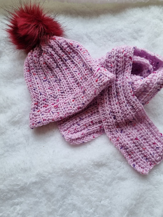 Pink flecked, crocheted hat and scarf