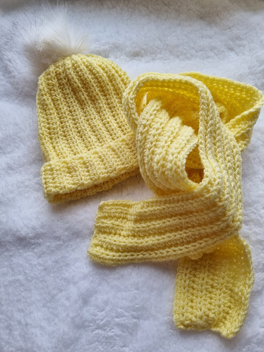 Yellow, crocheted, hat and scarf set